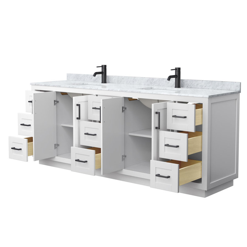 Ensemble de meuble-lavabo double autoportant 84 po avec plateau en marbre Miranda, Blanc, Noir mat