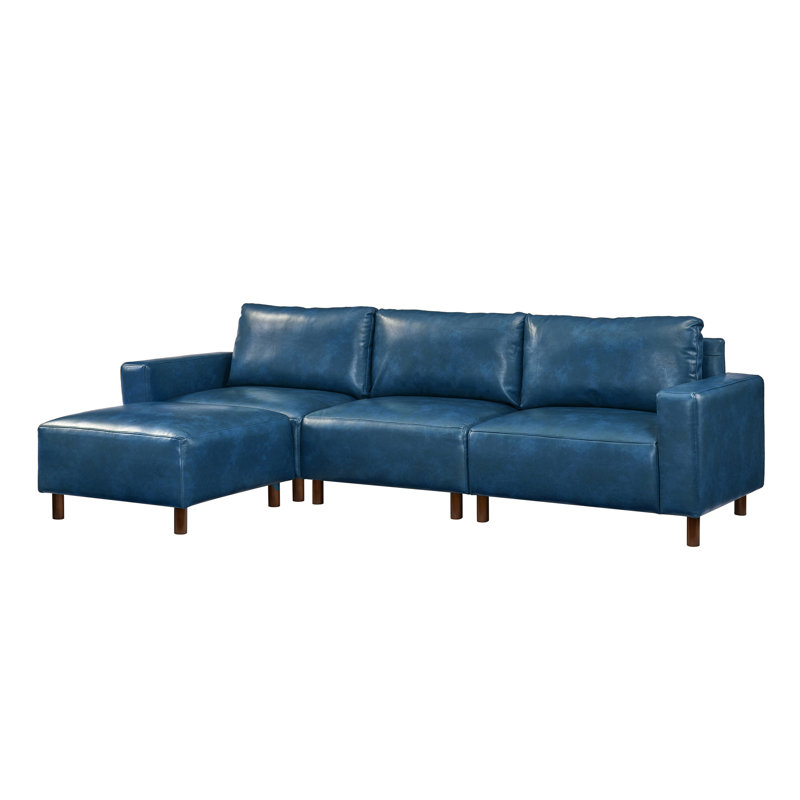 Canapé en similicuir de 112 po avec repose-pieds en L, Similicuir bleu