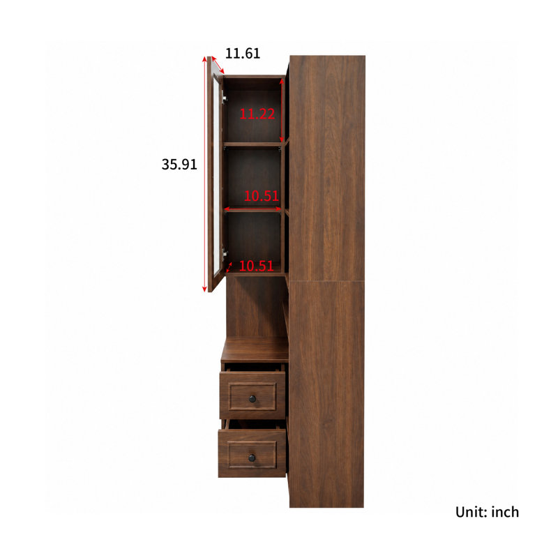 Bibliothèque de coin avec porte vitrée cintrée et 2 tiroirs