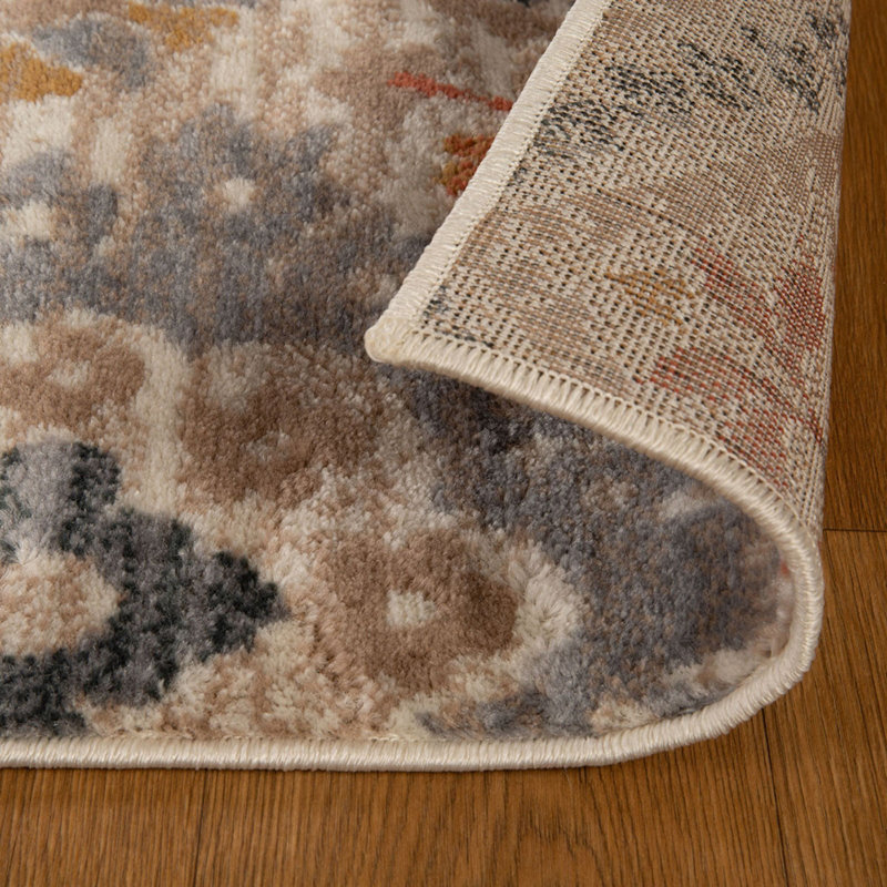 Tapis floral ivoire, orange et gris 4 pi x 6 pi résistant aux taches