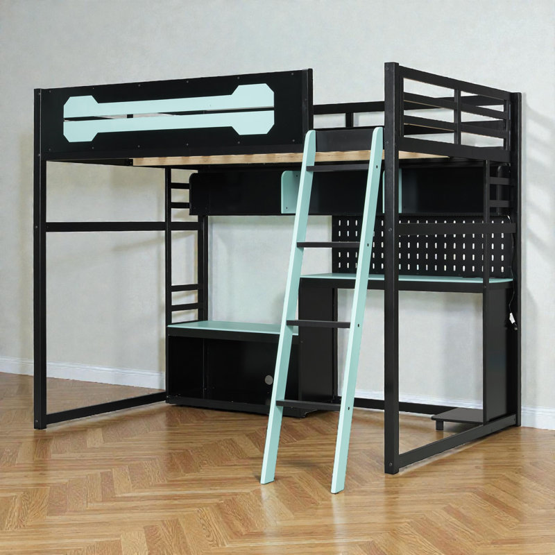 Full Size Loft Bed, E-Sports Gaming Hub, LED-Enhanced Desk & Pegboard, Eclectic Modern, For Teen Gamer Room, Black/Blue
