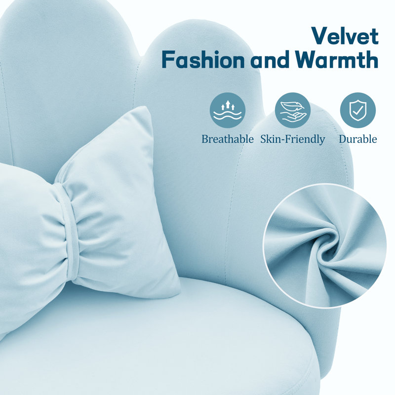 KORSER Office Chairs, Velvet Vanity Chair with Bow Pillow, Modern Petal Chair for Living Room, Bedroom, Blue