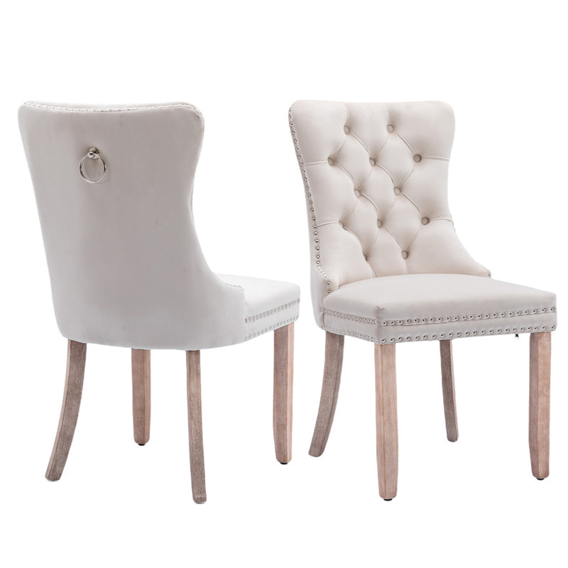 Belmont Button-Tufted Velvet Dining Chair – Premium Fabric & Solid Oak Frame, Beige, Light Brown, 2