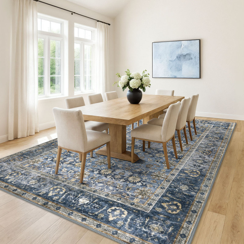 Area Rug Machine Washable Rug Oriental Indoor Rugs with Non-Slip Backing, Rectangle 10' x 14', Blue/Gray/Beige