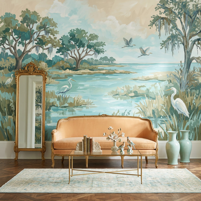 Décoration murale aigrettes amovibles Coastal Marsh Wetlands, 100 po x 96 po, Peler et coller
