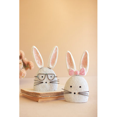  Rustic White-Wash Clay Bunny Sculptures – Woodland Accent Set of 2