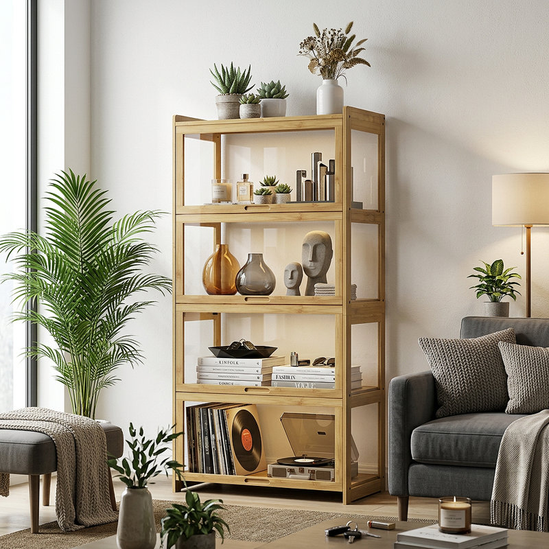 55" H Display Cabinet With Flip Up Door, 4-Tier Curio Cabinet Collection Display Shelf Showcase Bookcase, Brown/Clear