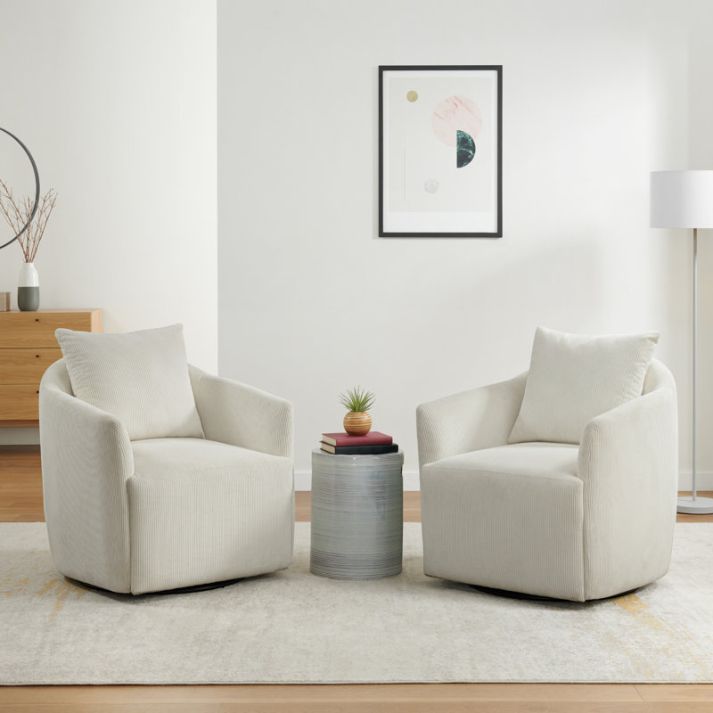 Fauteuil pivotant rembourré en velours côtelé l 30,5 po avec coussin décoratif, Velours côtelé beige