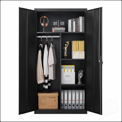 Armoire verrouillable en acier noir à grande capacité avec tringle et compartiments pour la chambre à coucher, le salon et la buanderie