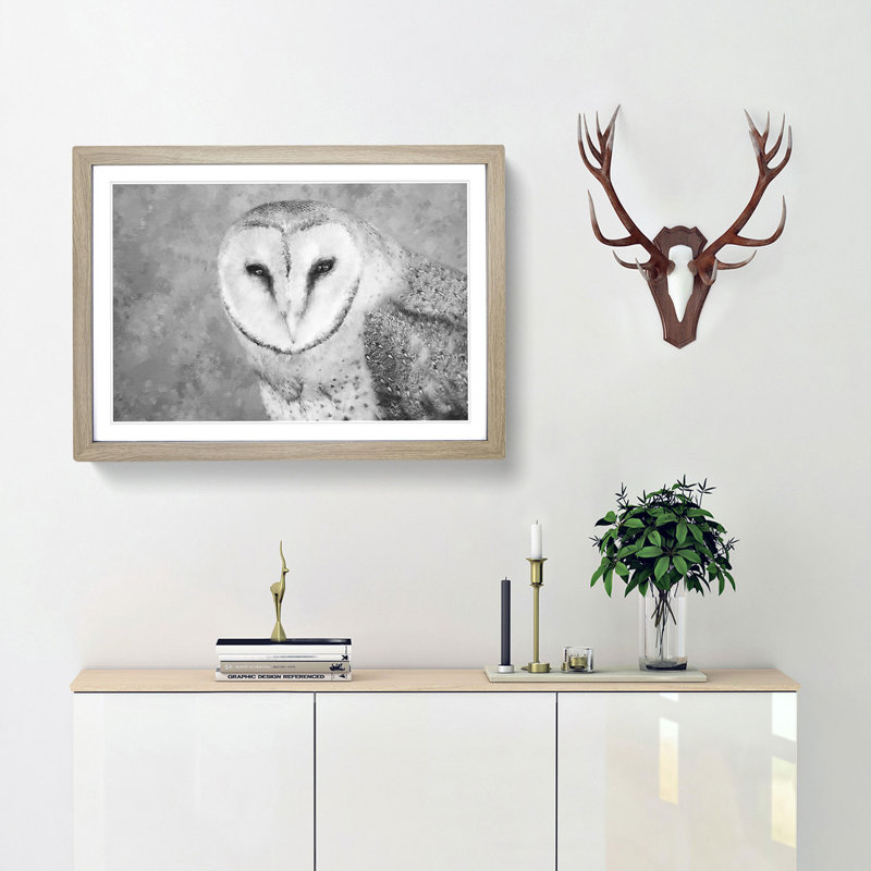 Barn Owl - Single Picture Frame Painting on MDF, Oak, 62cm H x 87cm W x 2cm D