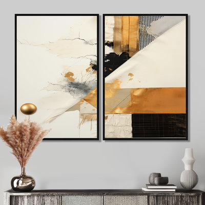 Collage abstrait gris et doré VI - Collages abstraits, 2 pièces