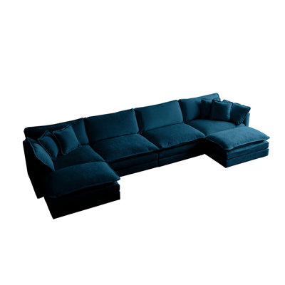 U-Shaped Sectional With Solid Wood Frame And Blue Chenille Reversible Chaise, Double Extra Cushioned Seats For Entryway Chaise U-Shape High Cover