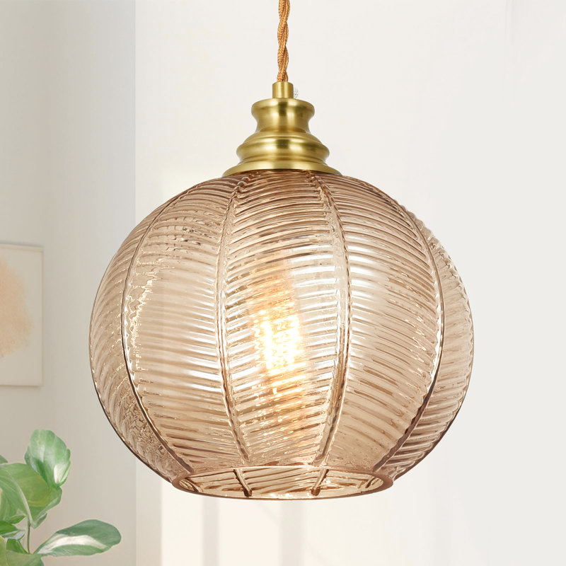  Luminaire suspendu 1 lumière avec abat-jour en verre nervuré en forme de globe pour îlot de cuisine, Ambre