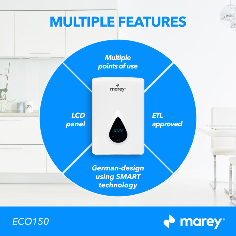 Compact White Electric Tankless Water Heater with Digital Panel