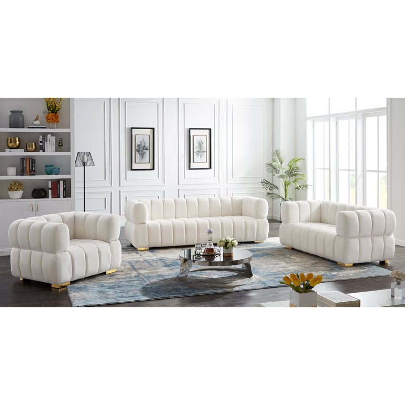 Carlan 91" Velvet Tuxedo Arm Sofa, Cream Velvet