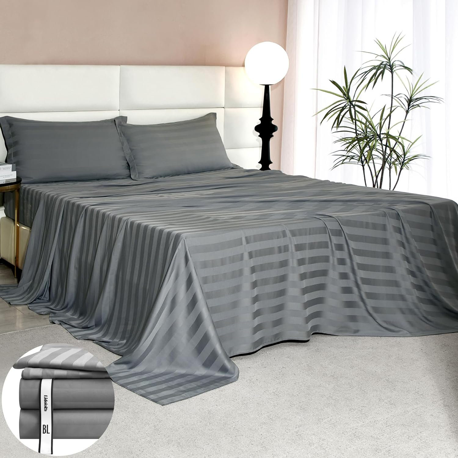 Lidoloka 100 Rayon from Bamboo Sateen Striped Sheet Set With Corner
