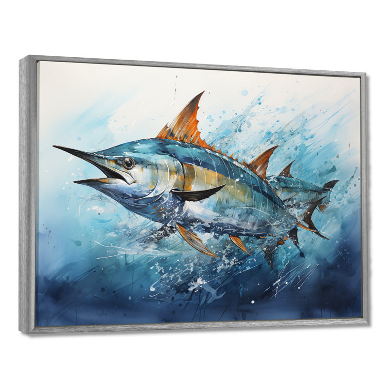 Fishing Majestic Marlins I - Fishing Framed Canvas Print Hunting Wall Art, 12" H x 20" W x 1" D, Silver Floater Framed