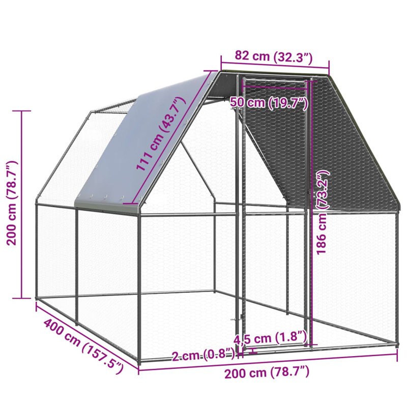 Cage à poules avec cage en acier galvanisé, H 79 po x l 79 po x P 157 po