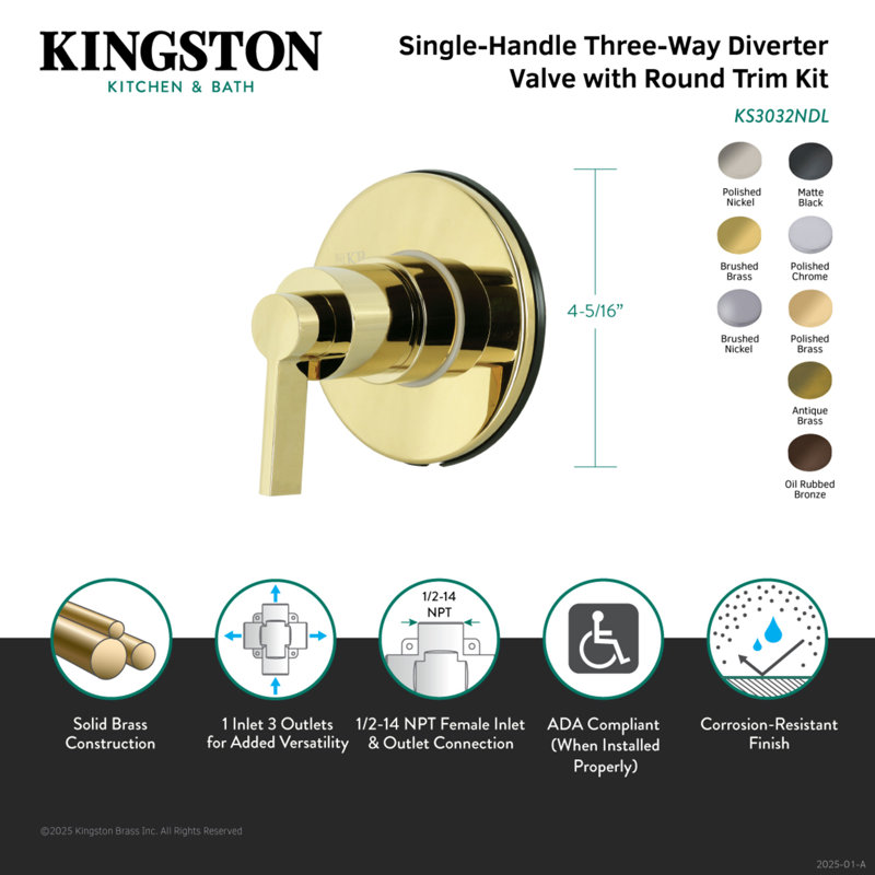 Kingston Brass NuvoFusion Single-Handle Wall Mount Three-Way Diverter Valve with Trim Kit, Polished Brass