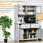Buffet de cuisine de 63,5 po avec garde-manger, 4 tablettes, tiroirs, gris cendré, portes en verre avec cadre, espace pour micro-ondes ouvert et rangement, pouvant accueillir différents objets