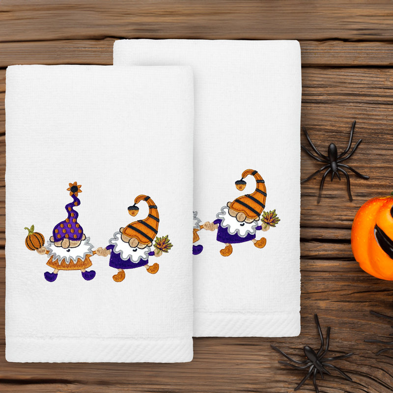 The Holiday Aisle® HALLOWEEN GNOMES - Embroidered Luxury 100% Turkish Cotton Hand Towels (Set Of 2), White
