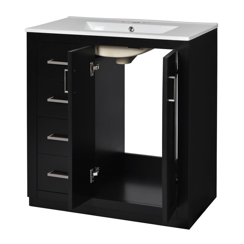 Meuble-lavabo à cadre en bois massif de 30 po avec lavabo en céramique, rangement spacieux et portes à fermeture en douceur pour salles de bain modernes