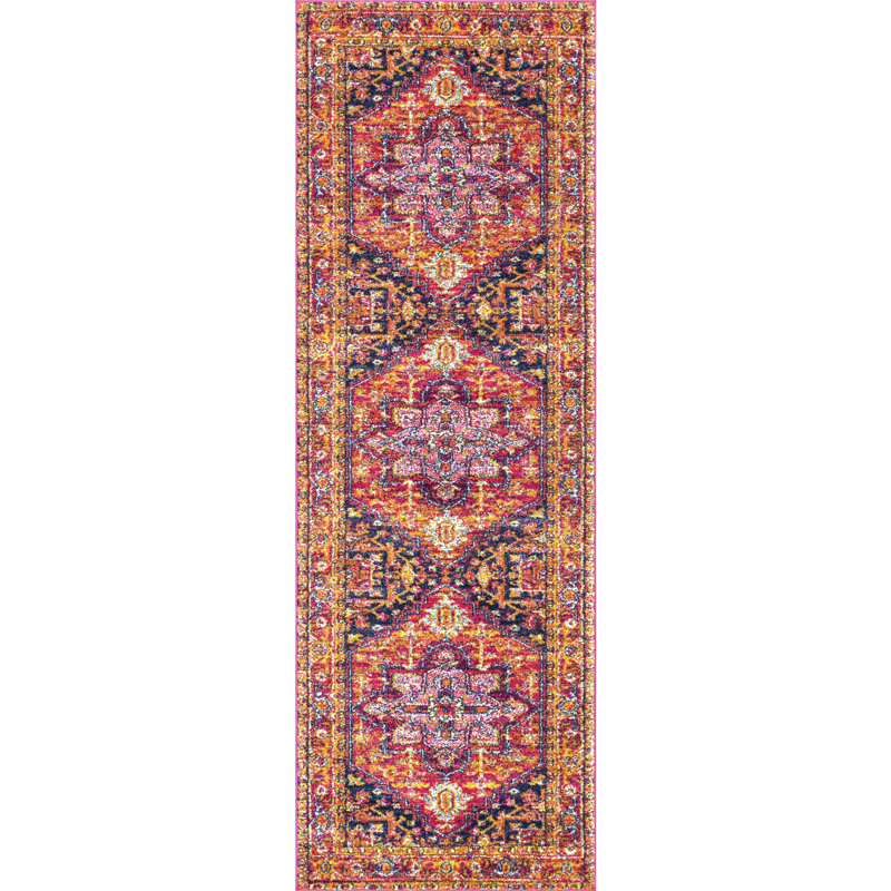 Aliece Bohemian Medallion Power Loom Performance Pink/Orange Rug, Runner 2'6" x 10'