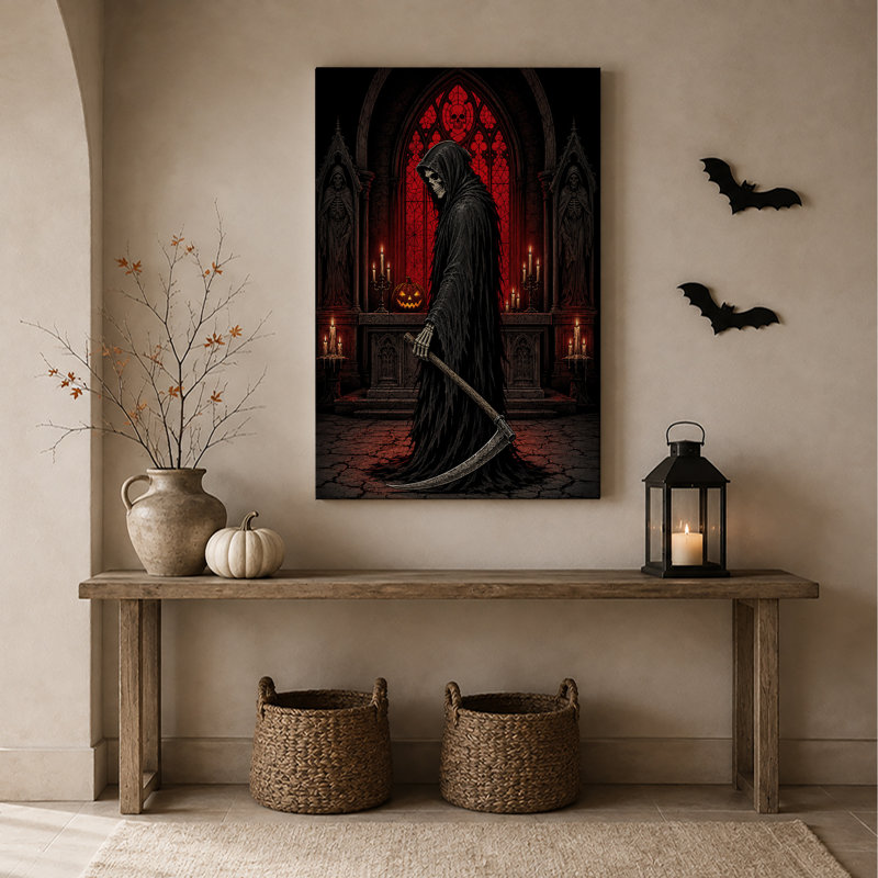«Grim Reaper», debout devant un vitrail rouge, H 30 po x l 20 po