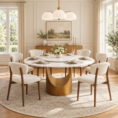 59" Modern Round Dining Table With Lazy Susan, White Stone Top