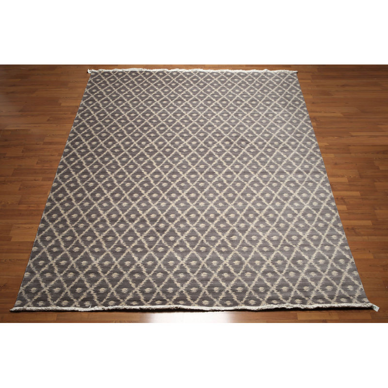 Tapis gris en laine noué à la main de conception unique 9 pi x 12 pi