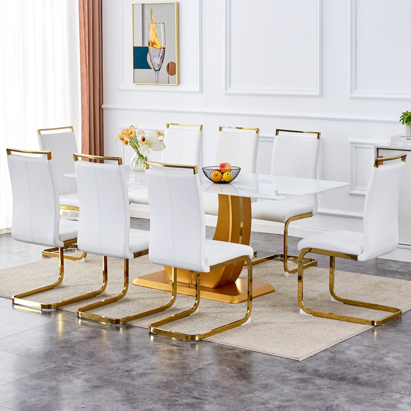 Ensemble de table et de chaises moderne et minimaliste moderne avec table de salle à manger rectangulaire blanche luxueuse et chaises douces et confortables, idéales pour les salles à manger, les salons, les terrasses et les cuisines, alliant design é