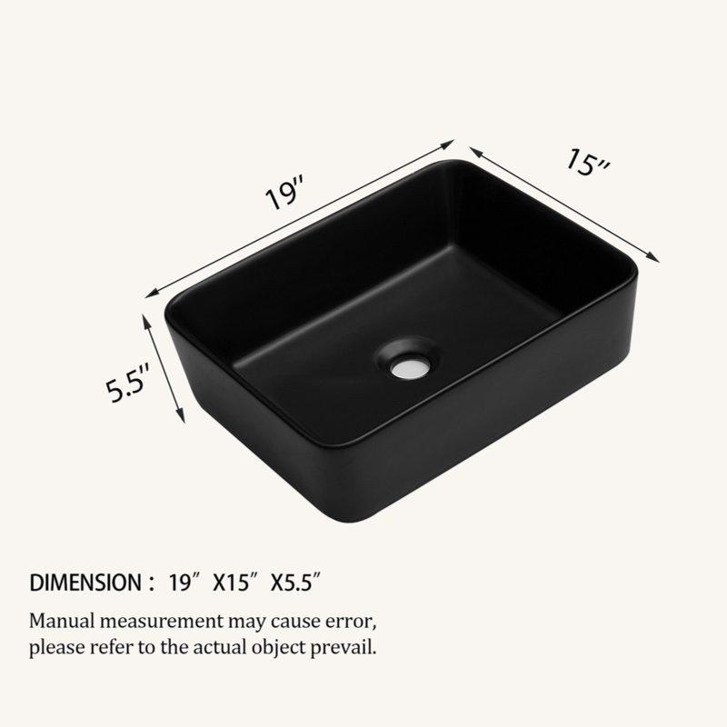 19"X15" Ceramic Rectangular Vessel Bathroom Sink, Black