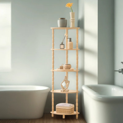 Étagère de coin à 5 niveaux pour petits espaces, meuble de rangement d'angle élégant avec pattes vintage pour salon, chambre, salle de bain, cuisine, fini bois naturel