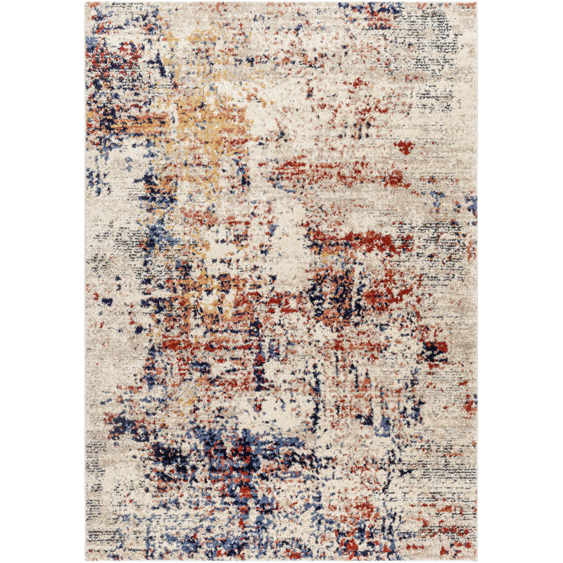 Rectangle Harmoney Abstract Machine Woven Polyester/Polypropylene Area Rug in Navy/Red, Rectangle 5'3" x 7'