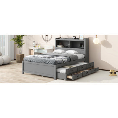 Full Platform Bed With Trundle, Drawer Choices, Ports And Headboard Storage, Gray Modern Functions, Space,