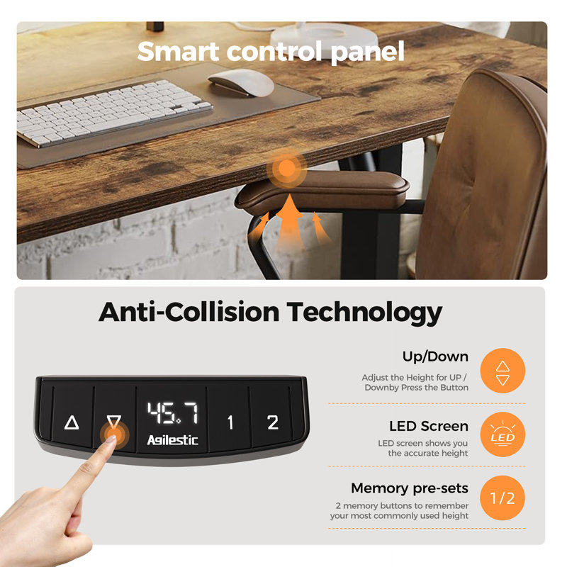 Bureau debout électrique à hauteur ajustable avec prise de courant et lumière DEL, bureau à domicile avec grande tablette pour moniteur