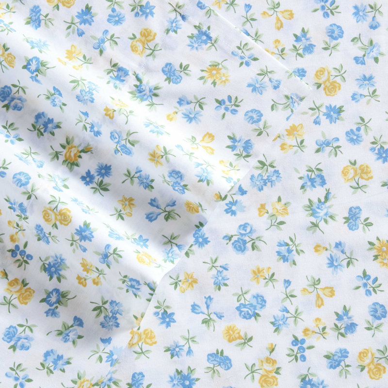 Laura Ashley Printed Cotton Percale Sheet Set, Twin Sheet Set with 1 Standard Pillowcase, Ditsy Doodle Blue