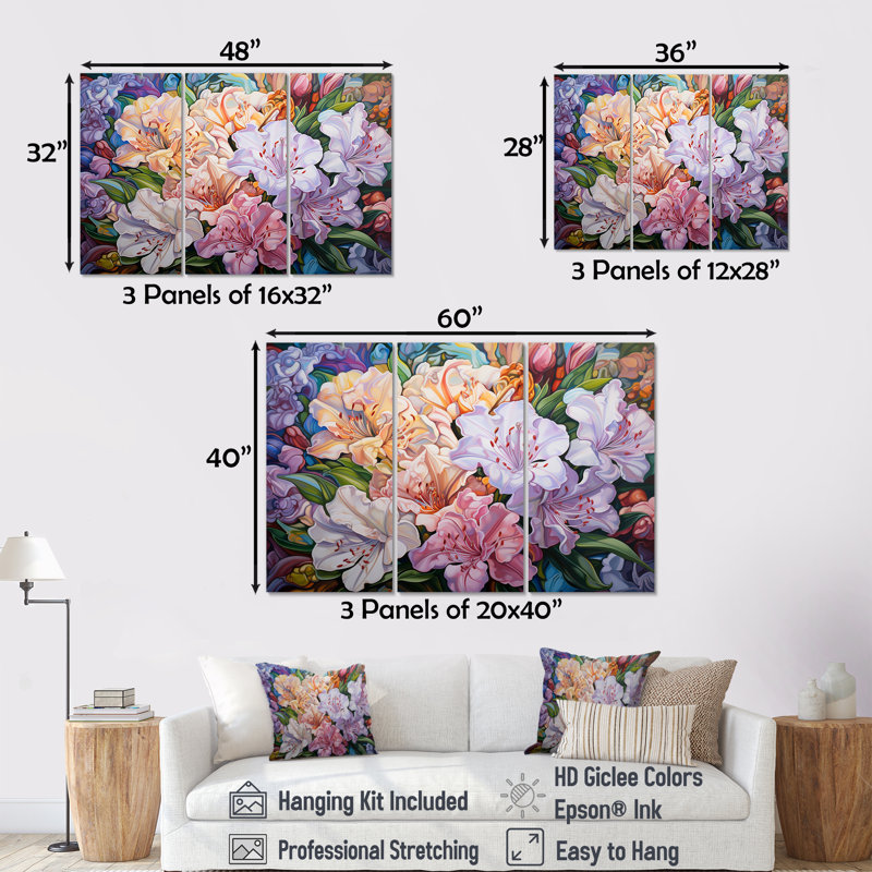 Pink Rhododendron Country Bloom Charm I - Rhododendron Canvas Wall Art Set, Wrapped Canvas, 28" H x 36" W x 1" D