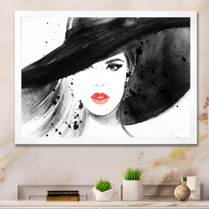 «Blanc and White Fashionista Woman Portrait», reproduction d'art sur toile, Cadre photo blanc, H 24 po x l 36 po x P 1 po