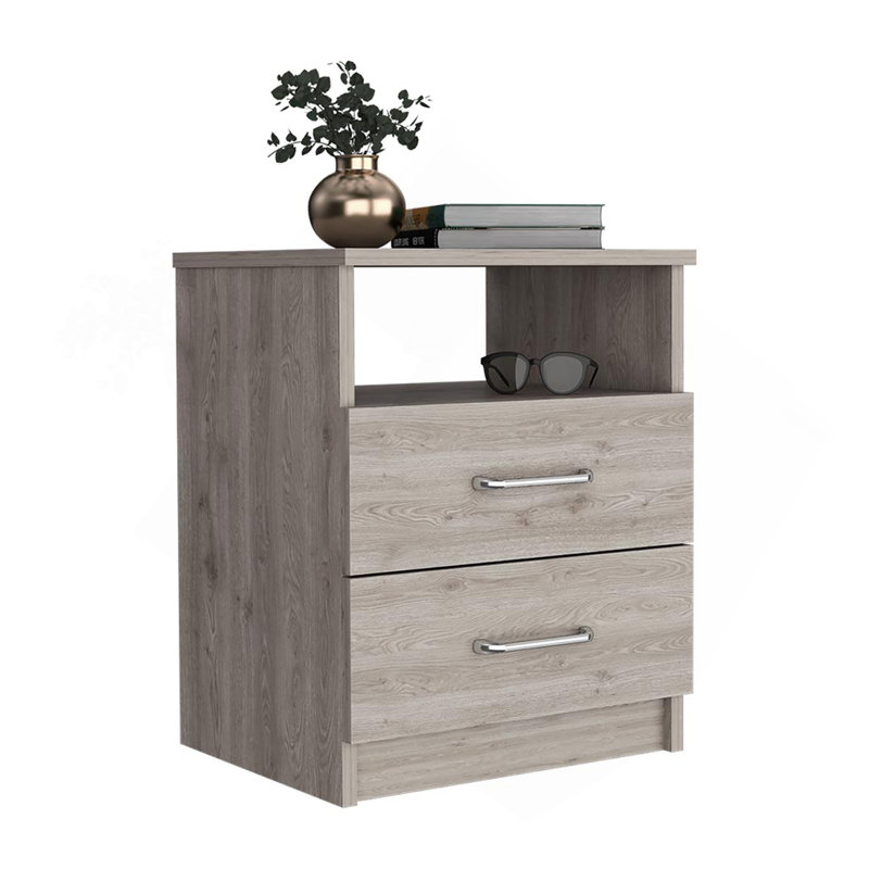 Table de chevet Olienza, deux tiroirs, une tablette, finition gris clair