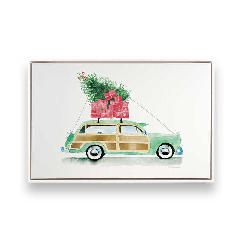 Impression de voiture de Noël rétro, Cadre blanc, H 32,75 po x l 48,75 po x P 1,75 po