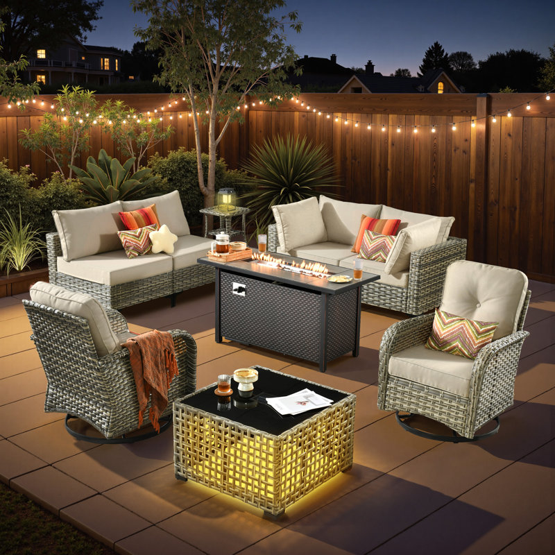 6-Person  All-Weather Wicker Outdoor Sectional With Cushions,Swivel Rockers,Led Coffee Table And Fire Pit, Beige