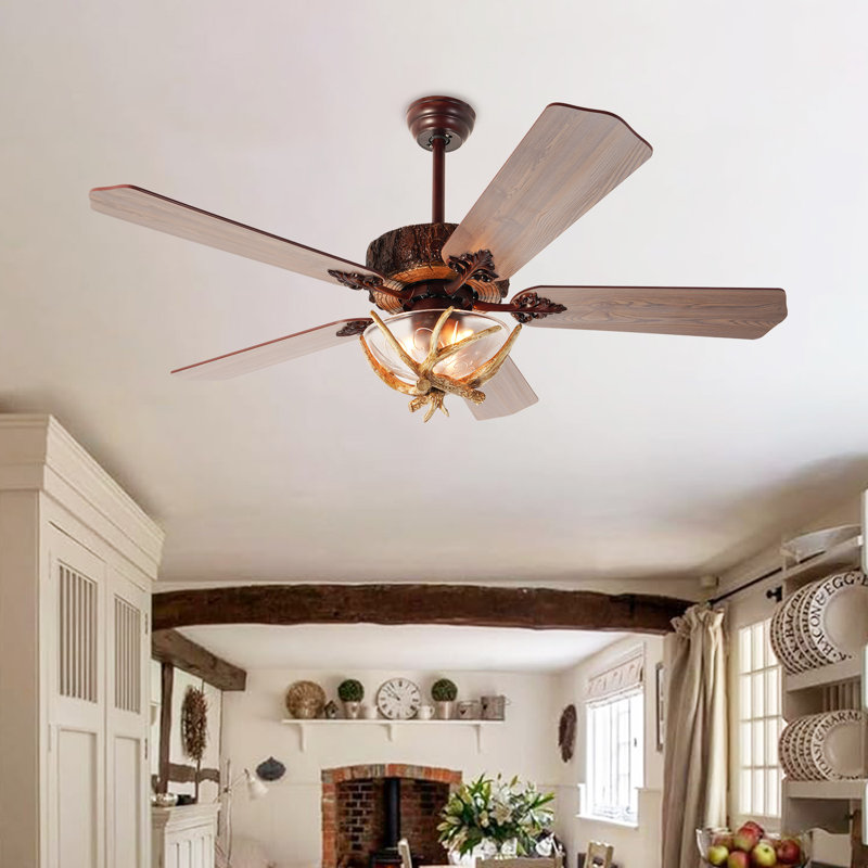 Ventilateur de plafond en bois de cerf 52 po, lustres de style campagnard avec 5 pales de ventilateur en bois et ensemble de télécommande