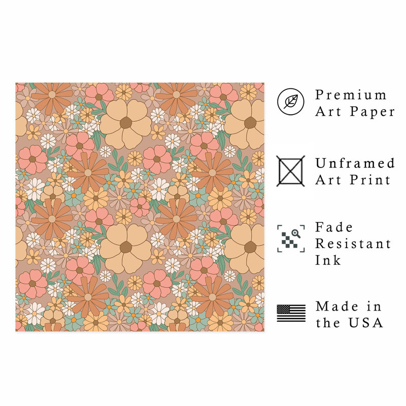 Impression florale de fleurs rétro rétro bohémien sans cadre, H 24 po x l 24 po