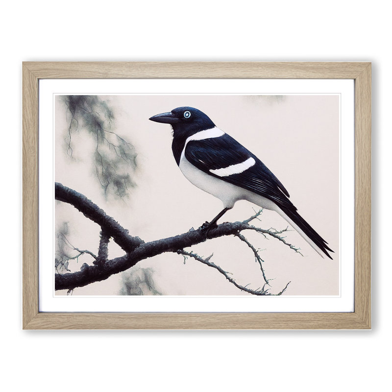 XH1022-10311X Wonderful Magpie Bird 1 Piece Single Picture Frame Wall Art, 46cm H x 64cm W, Oak
