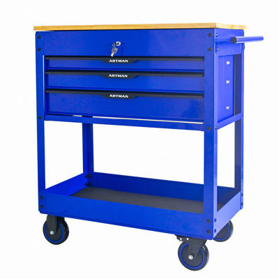 Chariot à outils multifonctionnel à 3 tiroirs avec roulettes et plateau en bois
