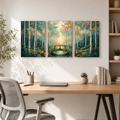 «Mossy Green Bridge in Colorful Birch Forest», ensemble de 3 toiles