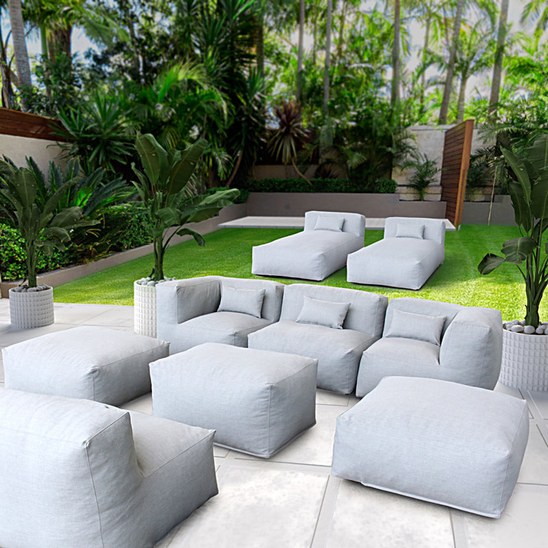 9-Piece Modular Outdoor Bean Bag Patio Furniture Set with Soft Padded Coffee Table & Ottoman, Light Gray