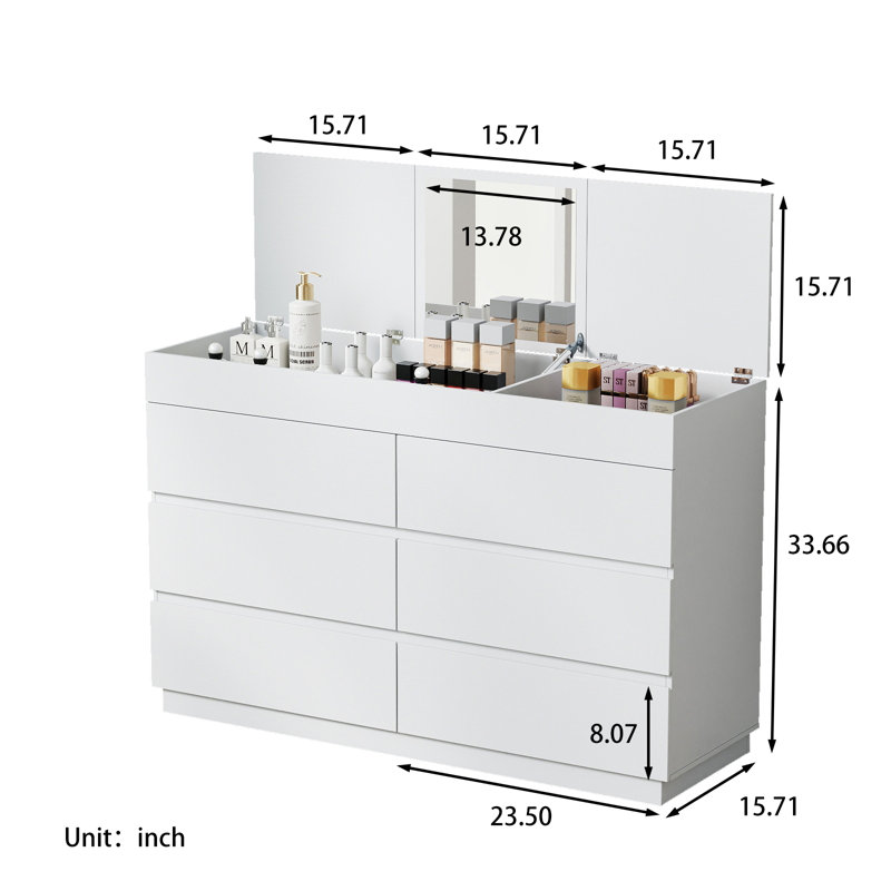 White Embossed 6-Drawer Dresser With Mirror P2 12MM Particleboard With Melamine 47.22"W, White