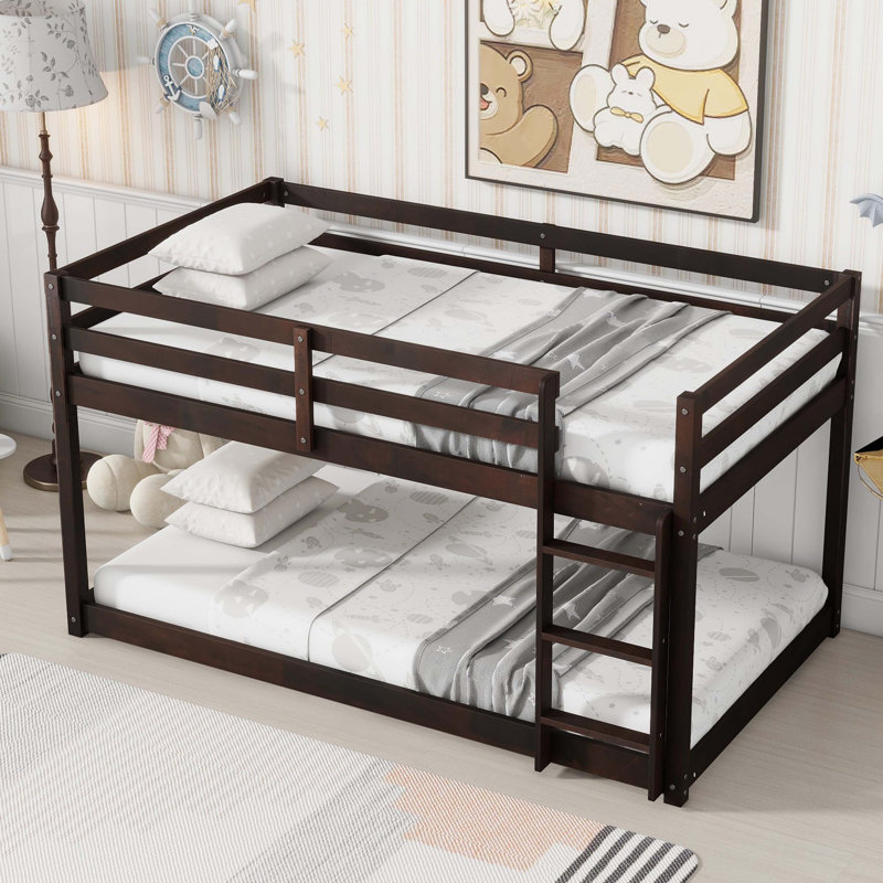 Espresso Solid Rubber Wood Twin-Over-Twin Floor Bunk Bed With Ladder And Reinforced Slat Bed Platform, Espresso